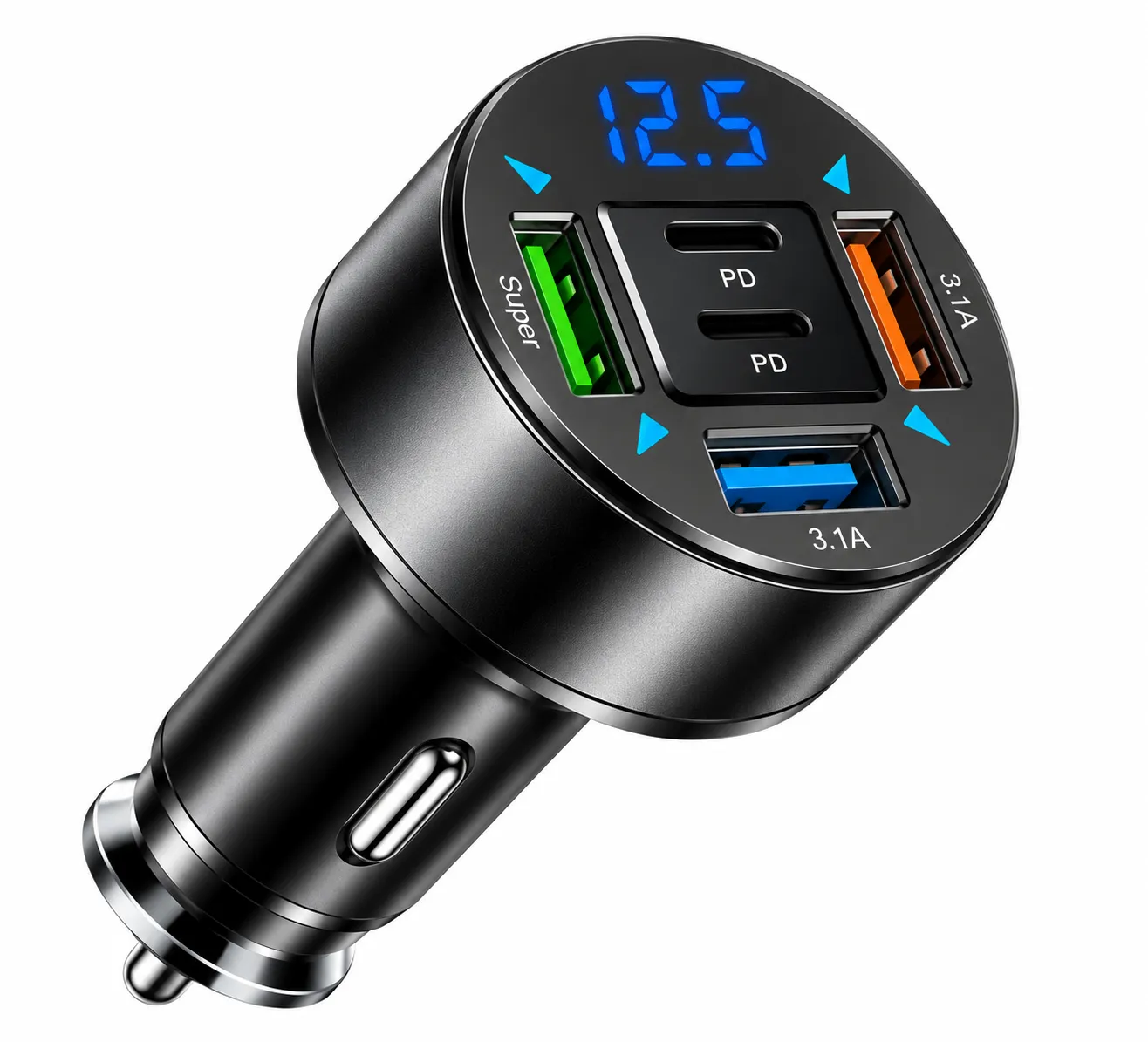 Cargador Vehicular USB 5 Puertos PD 100W con Voltímetro Digital